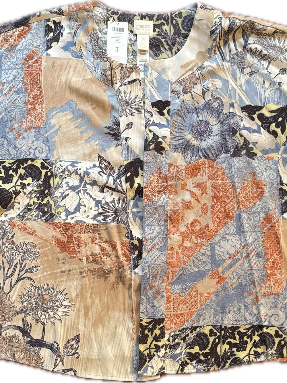 Chico's Patchwork Floral Button-Front Top in Blue, Tan & Rust